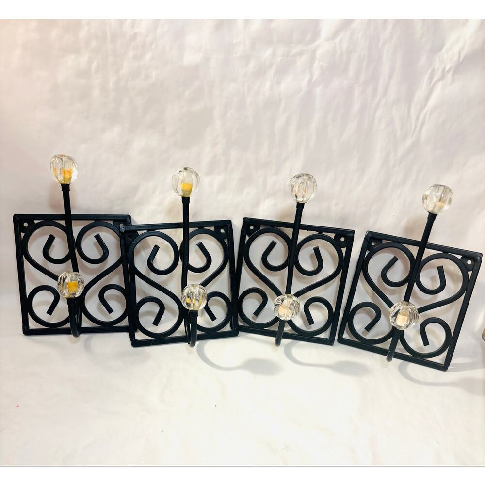 Set of Black Metal Decorative Wall Hooks w/ Vintage style Crystal Tips